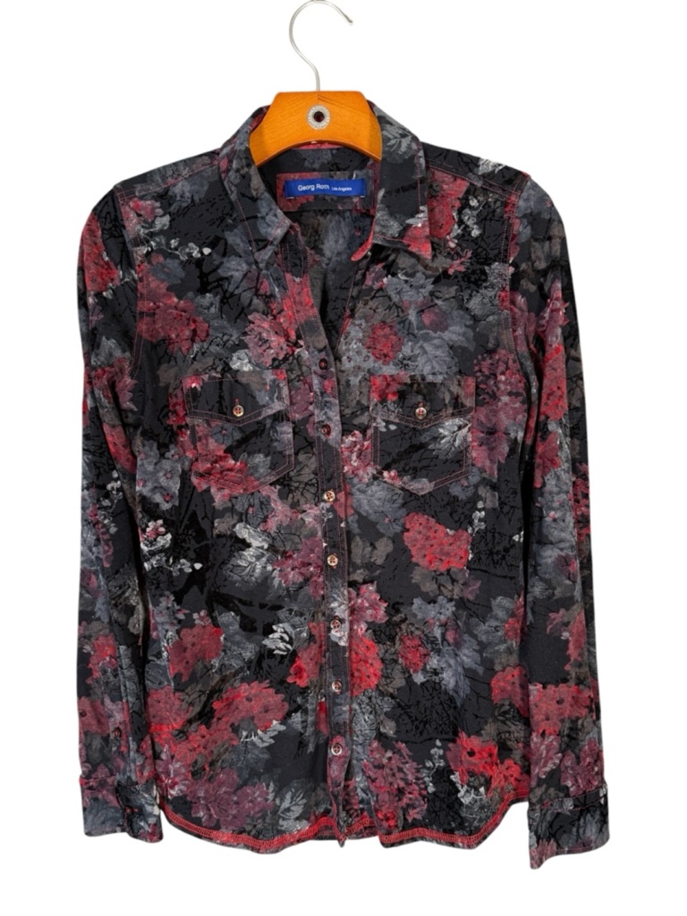 Georg Roth Women's Black Red Textured Button Down Shirt Maximalist Floral S